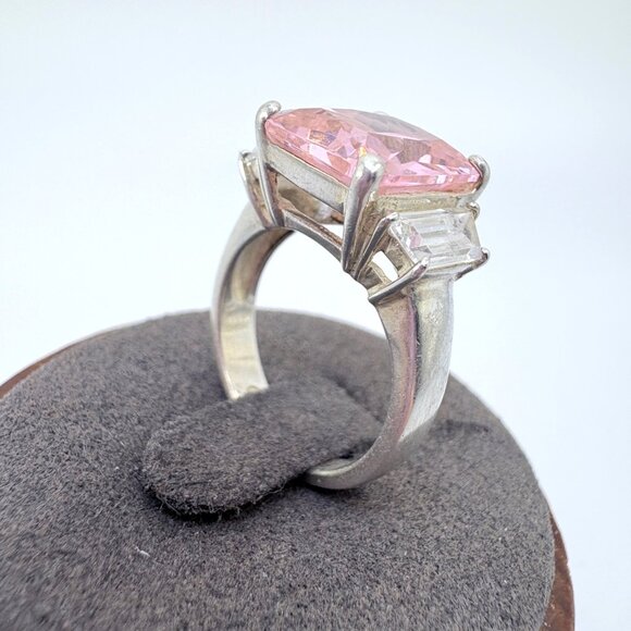 VTG Solid Sterling Silver 925 Pink & White Cubic Zirconia Statement Ring Size 6 - Picture 2 of 8